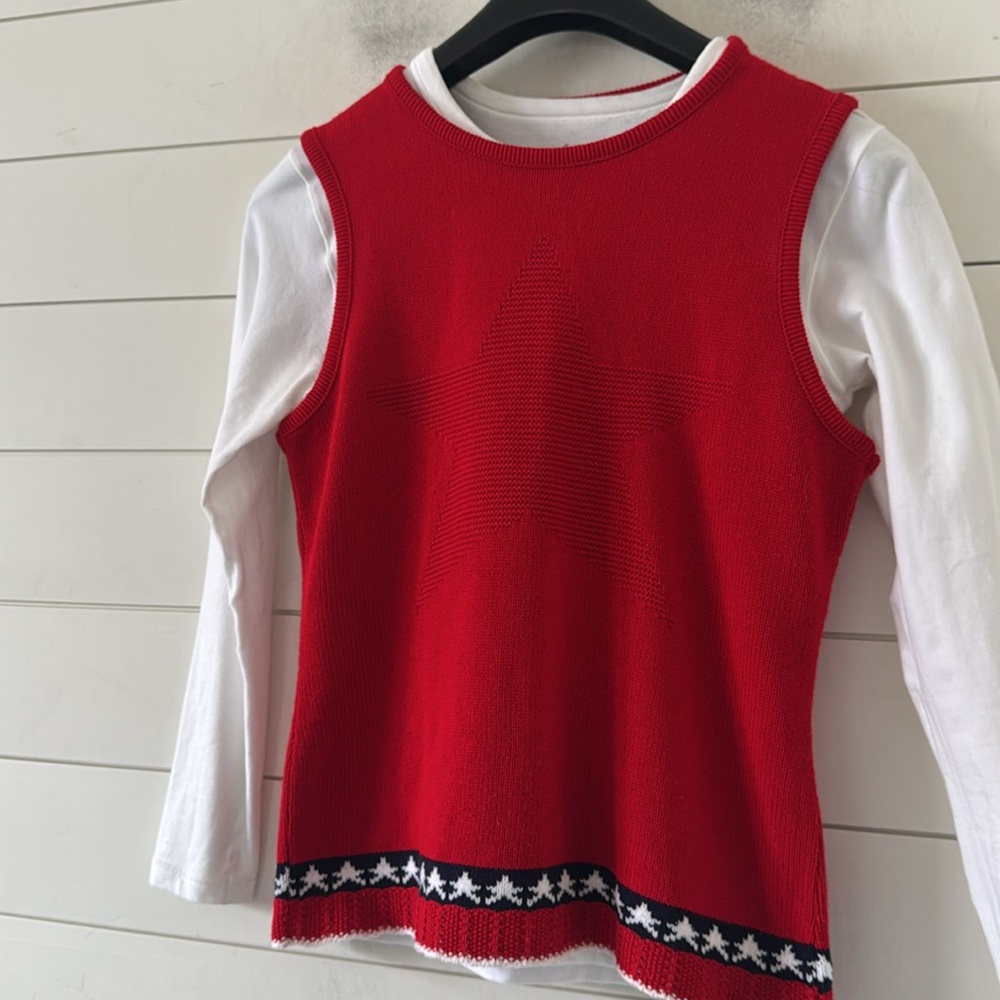 Vintage Vest Size S (4-6) Red Knit Shell blue & white trim.1980/s preppy